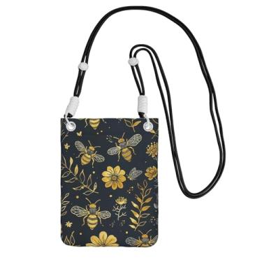 Imagem de LILYDIARY Bolsa transversal para celular para meninas e mulheres, alça preta, material de poliéster, alça de ombro ajustável e removível, estampa floral de abelha amarela vintage