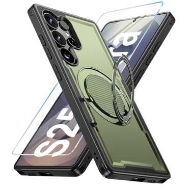 Imagem de Capa para Samsung Galaxy S25 Ultra compatível com Mag-Safe, suporte de anel giratório 360, capa com suporte magnético, capa de telefone à prova de choque de grau militar, com protetor de tela, TPU e