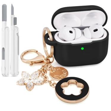 Imagem de VISOOM Capa protetora para AirPods Pro 3 2025, capa de silicone para Apple Air Pods Pro 3ª geração, linda capa protetora para iPods 3 com chaveiro brilhante e kit de limpeza, preta