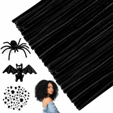 Imagem de URSDIART (350 pçs/conjunto) limpadores de cachimbo pretos e olhos agitados, limpadores de cachimbo de Halloween granel hastes de chenille pretas para locs, limpadores de cachimbo de 30 cm preto para