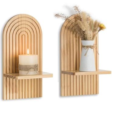 Imagem de Walasis Conjunto de dois para decoração de parede Boho - Castiçal de parede minimalista moderno natural de meados do século para sala de estar - Decoração boêmia de madeira montada na parede para