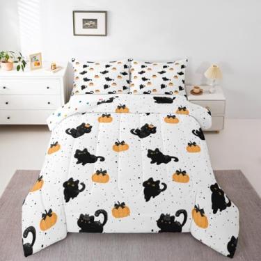 Imagem de Erosebridal Conjunto de edredom de Halloween tamanho casal, conjunto de cama de gato preto com desenho animado para crianças, estampa de abóbora fofa, estampa gótica, decoração de Halloween