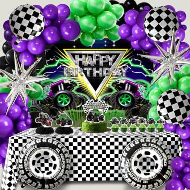 Imagem de Zylarithon Kit De Arco Balões Corrida Para Decoração Festa Aniversário Monster Truck, Balão Xadrez Roda Grande, Centro Mesa Em Formato Favo Mel, Toalha E Topo Bolo