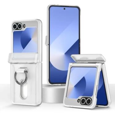 Imagem de Capa para Samsung Galaxy Z Flip6 com suporte para cartão e anel de proteção com dobradiça, capa protetora rígida à prova de choque (para Samsung Galaxy Z Flip6/transparente fosco)