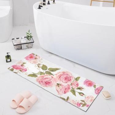 Imagem de Tapete de banheiro com flor de rosa 99 x 50 cm macio absorvente felpudo tapete de banho antiderrapante lavável para banheiro, banheira, chuveiro