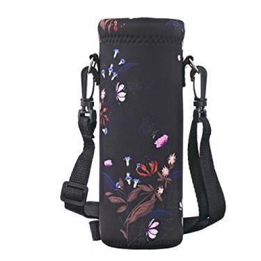 Imagem de Suporte de garrafa de água para garrafa de água Aupet, bolsa de neoprene isolada, alça de ombro ajustável 500 ml, ótimo para aço inoxidável, garrafas de plástico, esporte, bebidas energéticas, Blue & Pink Flower