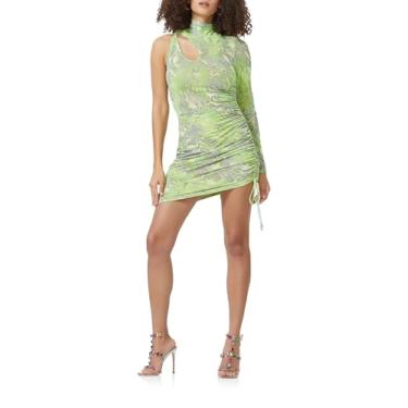 Imagem de AFRM Vestido feminino Elio de um ombro só, gola redonda, manga comprida, colado ao corpo, Cobra abstrata limão, M