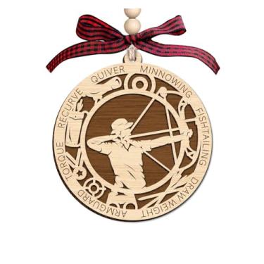 Imagem de Ornamento de madeira para homem de tiro com arco e flecha, 2 camadas, decoração de árvore de Natal, ornamento rústico de férias de fazenda - Ornamento de madeira de camada dupla para decoração sazonal