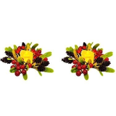 Imagem de Kit 2 Porta Velas Natal Folhagens e Pinhas com Vela Eletrônica LED - Magizi