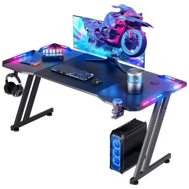 Imagem de Mesa Gamer Ergonômica 47&quot; 119 cm com Superfície de Fibra de Carbono, Gancho para Fone de Ouvido, Luz LED e Porta-Copos, 110V, HLDIRECT