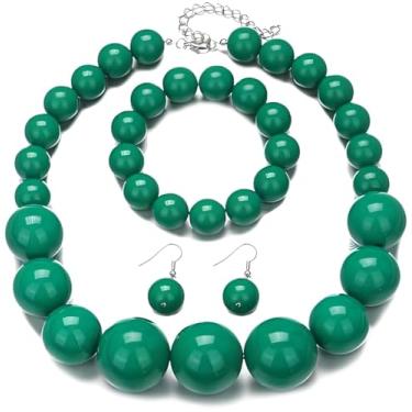 Imagem de QRH Conjunto de joias multicoloridas com contas grossas, colar de contas grossas e pulseiras, conjunto de brincos de pérolas falsas, retrô, festa, formatura, acessórios de bijuteria, Resina, Sem Pedra