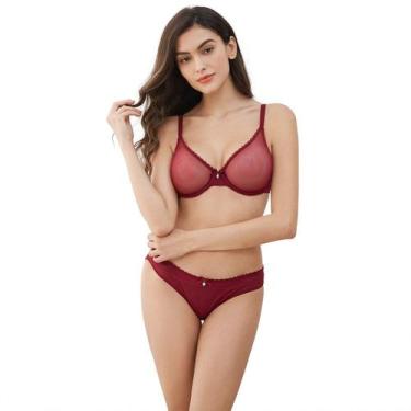 Imagem de Conjunto de sutiã e calcinha Varsbaby See Through Sheer Mesh Red 36E