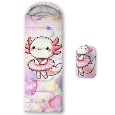 Imagem de QOOMO Sacos de dormir rosa bonitos Axolotl à prova d'água para adultos e crianças, sacos de dormir de acampamento com estampa de amor, clima quente e frio, leve, viagens e ao ar livre, equipamentos de