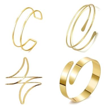 Imagem de Juimtien Conjunto de 4 pulseiras femininas ajustáveis para braço - pulseira dourada aberta, joia minimalista espiral espiral braçadeira para braço ou pulso, conjunto de braçadeiras de bobina presente