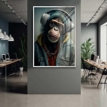 Imagem de Quadro Decorativo com Moldura e Acrilico Cristal Vidro Macaco Rapper Fone Sala Quarto Hall