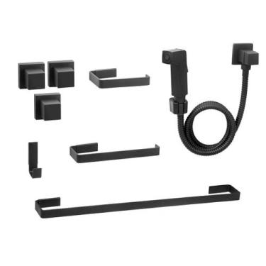 Imagem de Kit de Acessórios para Banheiro Quadrado Preto Completo Luxo Ducha Hig
