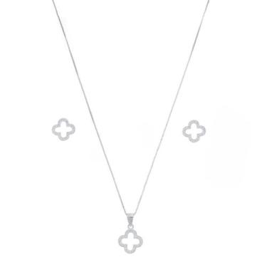 Imagem de Corrente De Prata 925 Feminina 50cm Conjunto Brinco Trevo - DR Jóias