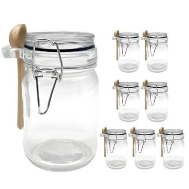 Imagem de Kit 8 Pote Hermético De Vidro Com Trava e Colher de Bambu Redondo 280m