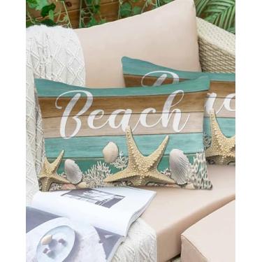 Imagem de Fronhas de praia estrela do mar concha azul-petróleo marrom grão de madeira macia capa de almofada, capa de almofada decorativa com zíper oculto para cama sofá 30,5 x 50,8 cm