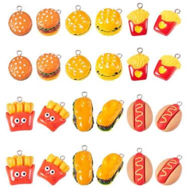 Imagem de 30 pingentes de comida de imitação adorável hambúrguer, cachorro-quente, batatas fritas, pingente de resina em miniatura para fazer joias, brincos, colar, chaveiro ornamento