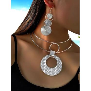 Imagem de Conjunto de joias com pingente redondo de várias camadas e brincos pendentes banhados a prata brincos de anzol vintage verão férias praia boho África noiva acessórios festa aniversário presente para