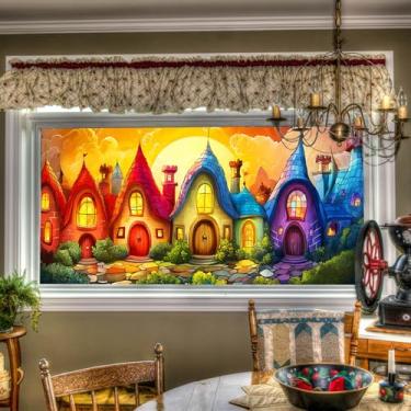 Imagem de HOMETITUTE Película de janela de vitral fantasia colorida aldeia pôr do sol decorativa janela de privacidade adesivos para casa quarto sala de estar 100 × 48 centímetros