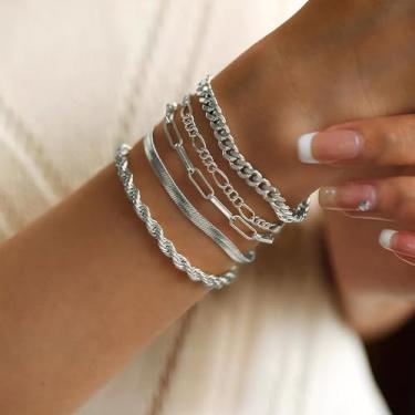 Imagem de Conjunto de pulseiras de corrente femininas com elos ajustáveis, joias empilháveis em vários estilos para uso diário casual, One Size, Latão, Sem Pedra Preciosa