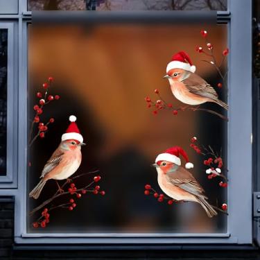 Imagem de Adesivos de janela com 3 pássaros em chapéus de Papai Noel - Decalques de Natal de dupla face com frutas vermelhas e flocos de neve para portas de vidro e janelas (33 x 30 cm)