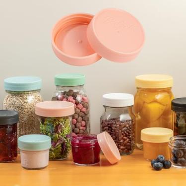 Imagem de 4 tampas de pote de plástico rosa, 2 tampas de boca larga e 2 tampas regulares à prova de vazamento na boca, tampa de uma peça, Kerr e mais, capas de conserva reutilizáveis sem anéis (rosa)