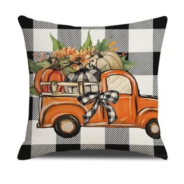 Imagem de 1 pacote de capas de almofada de outono, laranja outono caminhão abóboras, fronhas, 45,7 x 45,7 cm com xadrez preto e branco, capa de almofada quadrada de algodão macio para sofá e cama decoração de