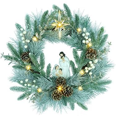 Imagem de YULETIME Guirlanda de presépio pré-iluminada de 51 cm, operada a bateria com 10 luzes de fada, estátua de presépio da Sagrada Família, Estrela de Belém, pinhas, visco branco, ramos de abeto fosco