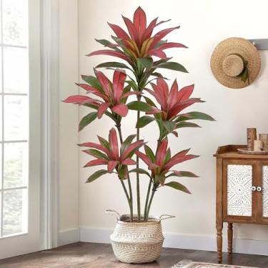 Imagem de Roselywed Árvore Dracaena vermelha artificial de 1,8 m com 78 folhas, 5 cabeças e cobertura de plantador branca com fibra de coco planta bicolor de seda tropical alta de 152 cm para decoração interna