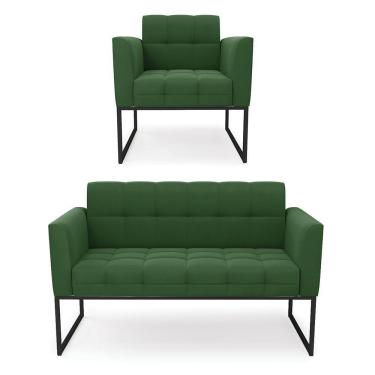 Imagem de Kit 1 Sofá Namoradeira E 1 Poltrona Elisa Suede Base Metálica Industrial Preto - D'rossi Cor Verde