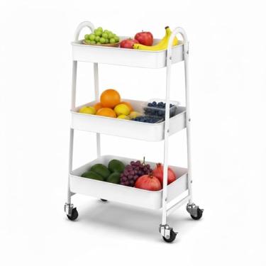 Imagem de Prateleira de Metal Multiuso 3 Andares com Rodinhas – Estrutura Resistente, Design Moderno e Compacto – Ideal para Cozinha, Banheiro, Escritório e Lavanderia – Cor Branca