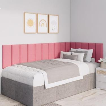 Imagem de Kit Cabeceira Modulada Estofada em L para Cama Box Casal Queen King | Placas 45x20cm em Suede Premium com Fita Dupla Face(ROSE,QUEEN - 18 PLACAS)
