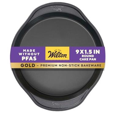 Imagem de Wilton Utensílios dourados premium antiaderentes resistentes à deformação, feitos sem PFAs, forma de bolo redonda, 23 x 3,8 cm, a embalagem pode variar