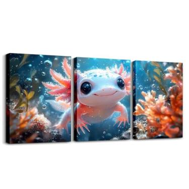 Imagem de Axolotl Canvas Wall Art Conjunto de 3, Impressão 3D Adorável Oceano Animal Salamandra Tapeçaria de Parede para Sala de Estar Quarto, Plantas de Algas Marinhas Coral Submarino Vida Marinha Decoração de