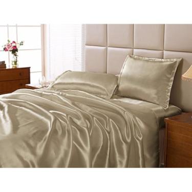 Imagem de Jogo de Lençol Casal King em Cetim Charmousse – 4 Peças, Toque Macio, Alto Brilho, Anti-Frizz e Luxo para o Quarto(BRONZE)