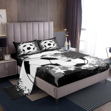 Imagem de Feelyou Jogo de lençol solteiro, futebol, futebol, bolso profundo, jogos esportivos, preto e branco, macio, 3 peças com 1 fronha