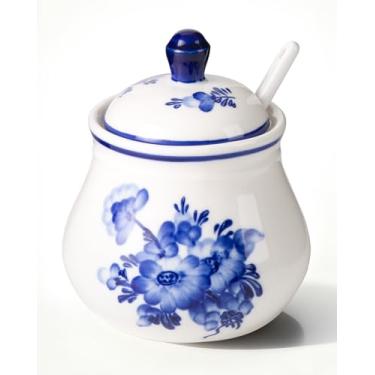 Imagem de Magclay Açucareiro de cerâmica com tampa e colher, recipiente de açúcar de 325 ml para barra de café, jarra/dispensador de açúcar azul e branco, flor