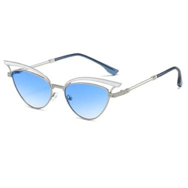 Imagem de HCPIHF Óculos de sol da moda UV400 com armação de metal retrô estilo punk masculino e feminino (prata-azul)