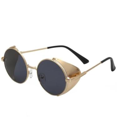 Imagem de JRLLFD Óculos de sol redondos cyberpunk com revestimento de metal, luxuosos, clássicos, masculinos, para dirigir ao ar livre, UV400 (cinza dourado)