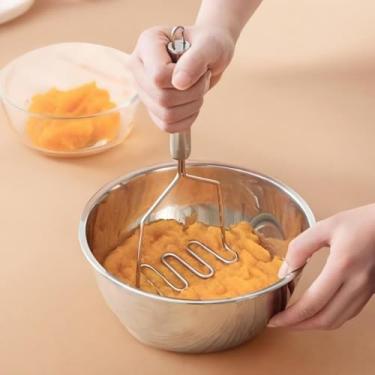 Imagem de Espremedor de batatas, espremedor de batata de metal resistente de aço inoxidável com polimento espelhado, utensílio espremedor de alimentos, espremedor manual, purê de frutas e vegetais, seguro para