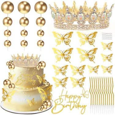 Imagem de Topo de bolo de coroa de aniversário, decorações de bolo com topo de bolo de feliz aniversário, bolas, borboletas douradas, Corona para pastel para mulheres, princesa, decoração de festa de casamento
