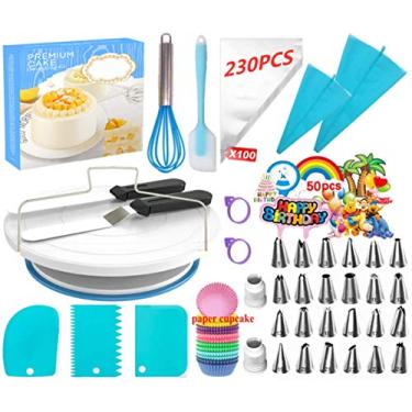 Imagem de Kit de decoração de bolos, kit de decoração de bolos, molde de copo de muffin, conjunto de suprimentos para assar, pontas numeradas para bolos, conjunto de confeitaria e confeitos, bandeja giratória de bolos, suprimentos para assar bolos para iniciantes e amantes de bolos (230 peças)