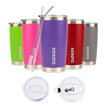 Imagem de BJPKPK Copo isolado de 590 ml com tampa e palha, copo de café a vácuo de aço inoxidável, caneca de viagem revestida com pó - fundo de metal - roxo