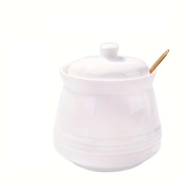 Imagem de LMRLCS Açucareiro de cerâmica branca com tampa e colher, recipiente de cozinha moderno, 10 cm de altura, 9 cm de diâmetro