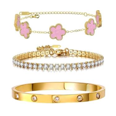 Imagem de Arthur Liu Conjunto de 3 pulseiras empilháveis de flor da sorte – Aço inoxidável banhado a ouro 14 K com zircônia cúbica fofa e charmosa para mulheres joias, One Size, Aço inoxidável, Zircônia cúbica
