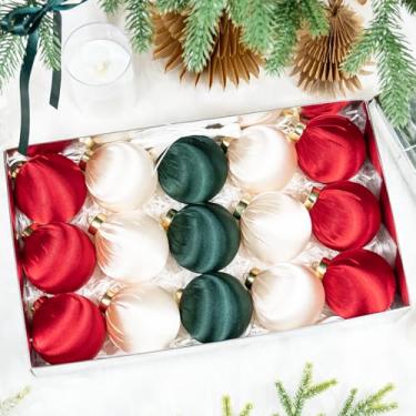 Imagem de Hismir Enfeites de árvore de Natal de veludo de 8,5 cm, conjunto de 15 bolas de Natal de cetim a granel de plástico inquebráveis, enfeites de pendurar para decoração de guirlanda de árvore (vermelho