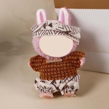 Imagem de Compatível com Labubu 15 cm/17 cm (boneca não incluída) – Top texturizado marrom + conjunto de chapéu e calça geométrico bege-marrom, roupa para bonecas de pelúcia, acessórios de boneca fofa (estilo